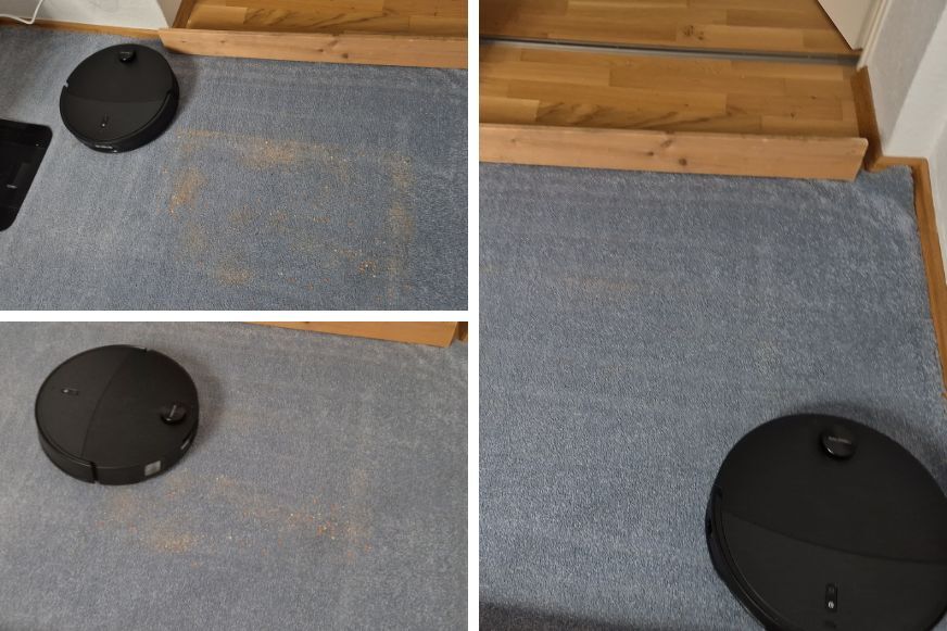 Roborock Qrevo Edge 2 fährt über Sand auf einem Teppich